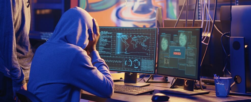 A hacker sits in front of his computer with his head in his hands because his access to the website was denied